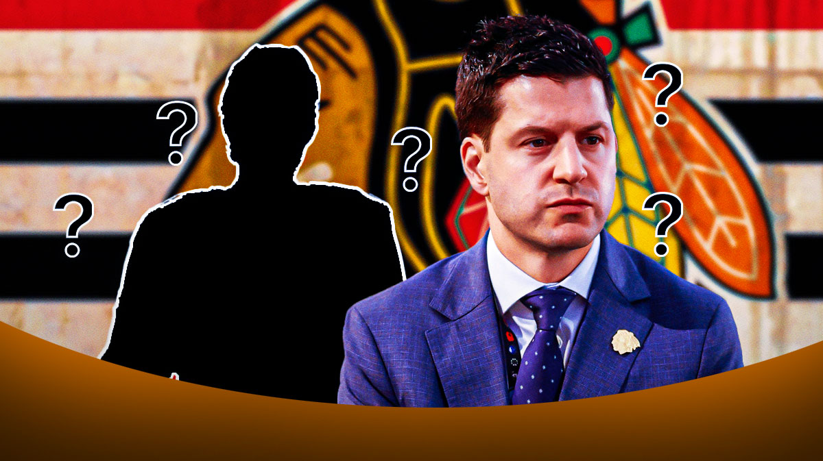 Blackhawks GM Kyle Davidson with a mystery player, question marks around them, and the Blackhawks logo in the background.