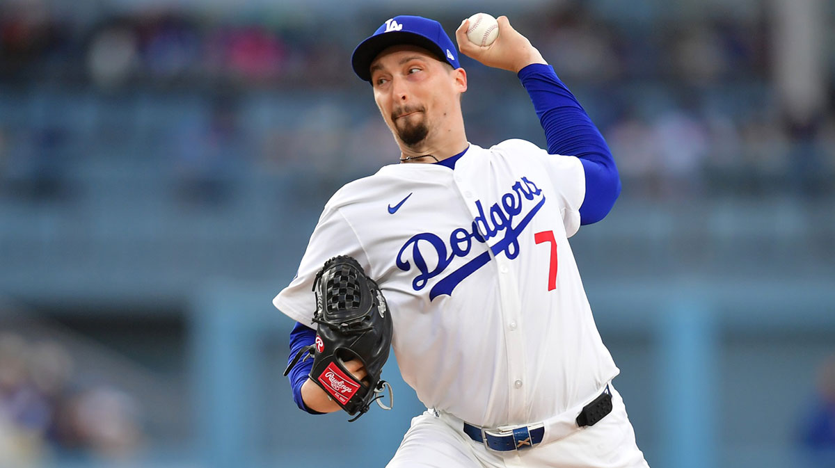 Los Angeles Dodgers pitcher Blake Snell (7) throws during the third inning against the Atlanta Braves at Dodger Stadium.