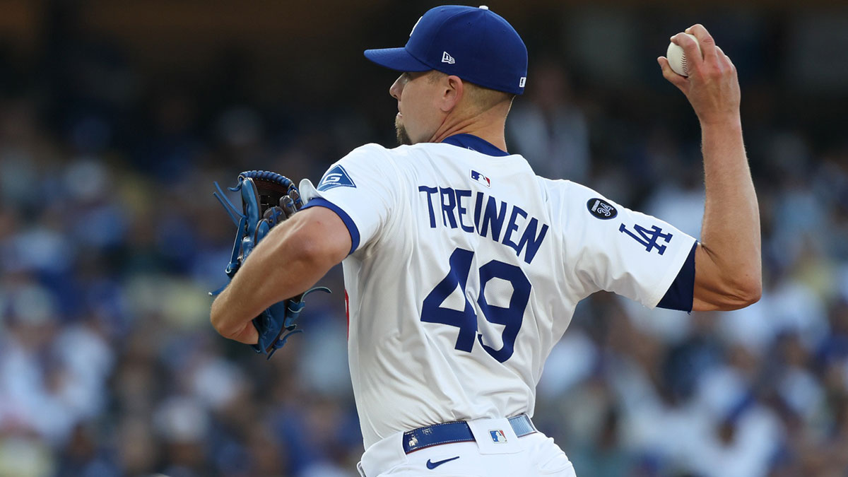 Los Angeles Dodgers pitcher Blake Treinen (49) throws a pitch against the Chicago Cubs during the seventh inning of the game at Dodger Stadium.