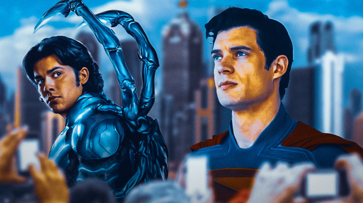 Xolo Maridueña and David Corenswet as DCU heroes Blue Beetle and Superman with Metropolis background.