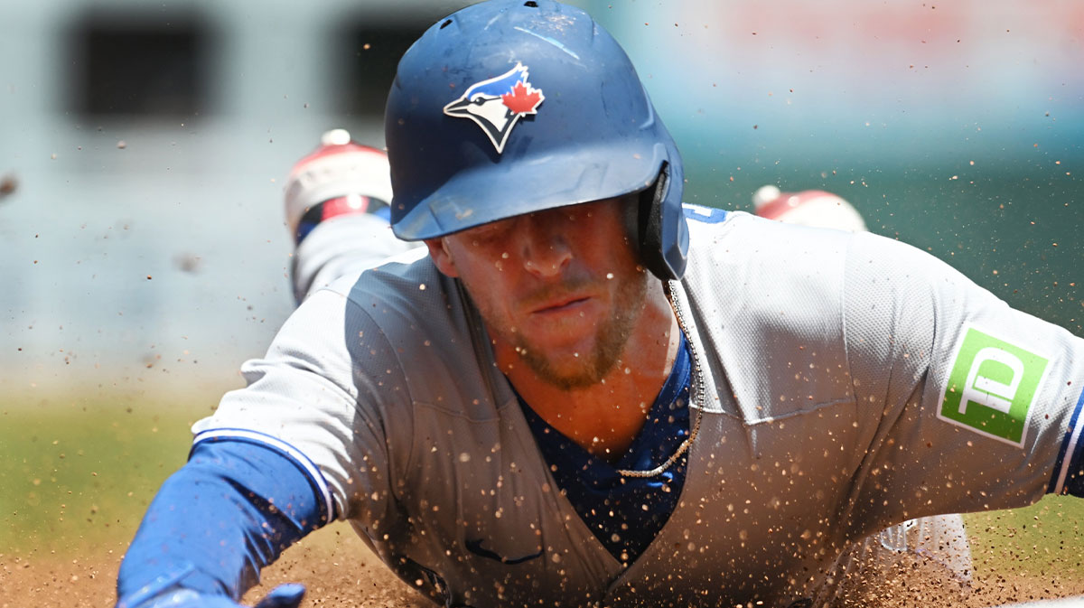 Jun 26, 2025; Cleveland, Ohio, USA; Toronto Blue Jays center fielder Myles Straw (3) advances to third on a hit by Toronto Blue Jays right fielder Nathan Lukes (not pictured) during the third inning against the Cleveland Guardians at Progressive Field. Mandatory Credit: Ken Blaze-Imagn Images