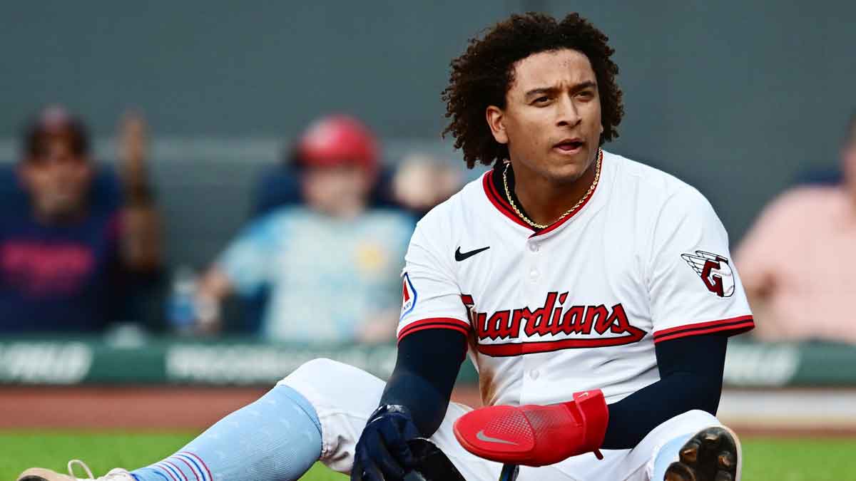 Jul 4, 2025; Cleveland, Ohio, USA; Cleveland Guardians catcher Bo Naylor (23) reacts after being tagged out at home plate during the second inning against the Detroit Tigers at Progressive Field.