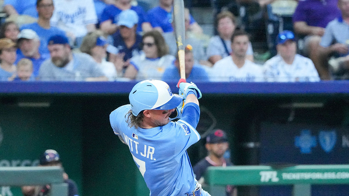 Jul 26, 2025; Kansas City, Missouri, USA; Kansas City Royals shortstop Bobby Witt Jr. (7) hits a two run home run against the Cleveland Guardians in the fifth inning at Kauffman Stadium. 