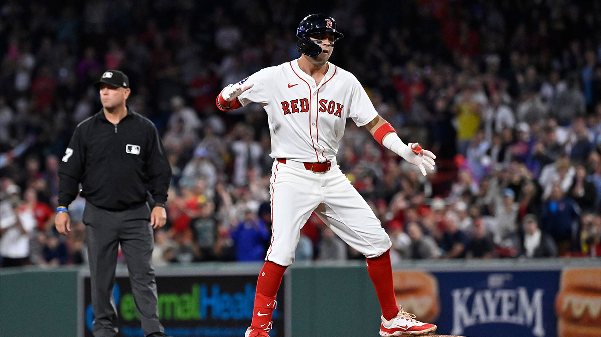 Boston Red Sox third baseman Marcelo Mayer (39) reacts to hitting a one run RBI against the Tampa Bay Rays during the seventh inning at Fenway Park.