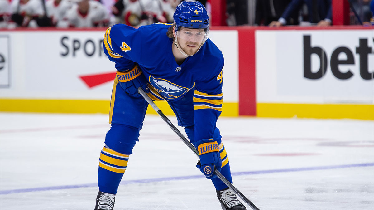 Buffalo Sabres defenseman Bowen Byram (4) gets in position for a faceoff in the second period against the Ottawa Senators at the Canadian Tire Centre.