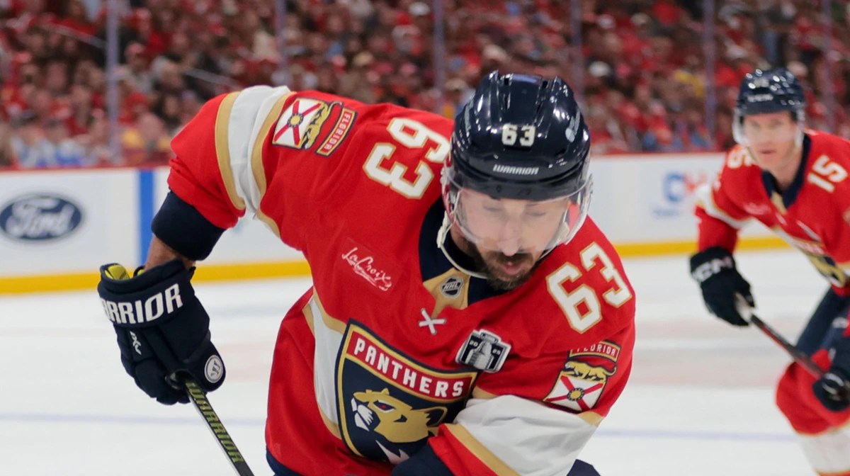 Florida Panthers center Brad Marchand (63) controls the puck against the Edmonton Oilers during the second period in game six of the 2025 Stanley Cup Final at Amerant Bank Arena.
