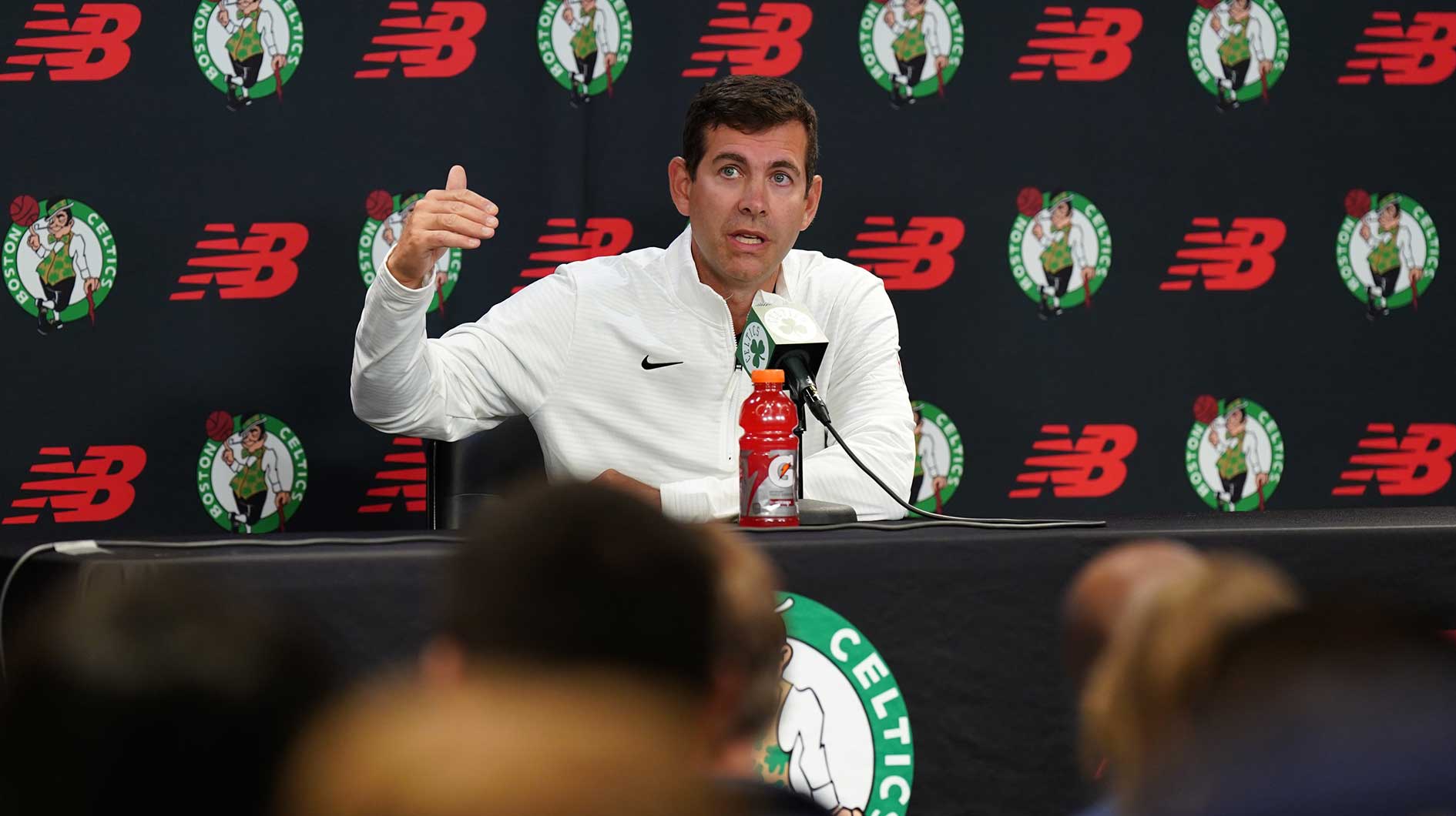 Boston Celtics general manager Brad Stevens talks to reporters during media day at Auerbach Center. Mandatory Credit: David Butler II-Imagn