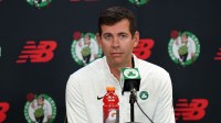 Boston Celtics general manager Brad Stevens talks to reporters during media day at Auerbach Center.