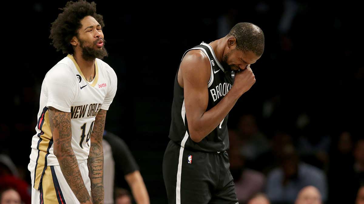 New Orleans Pelicans forward Brandon Ingram (14) reacts after being called for a foul against Brooklyn Nets forward Kevin Durant (7) during the fourth quarter at Barclays Center.