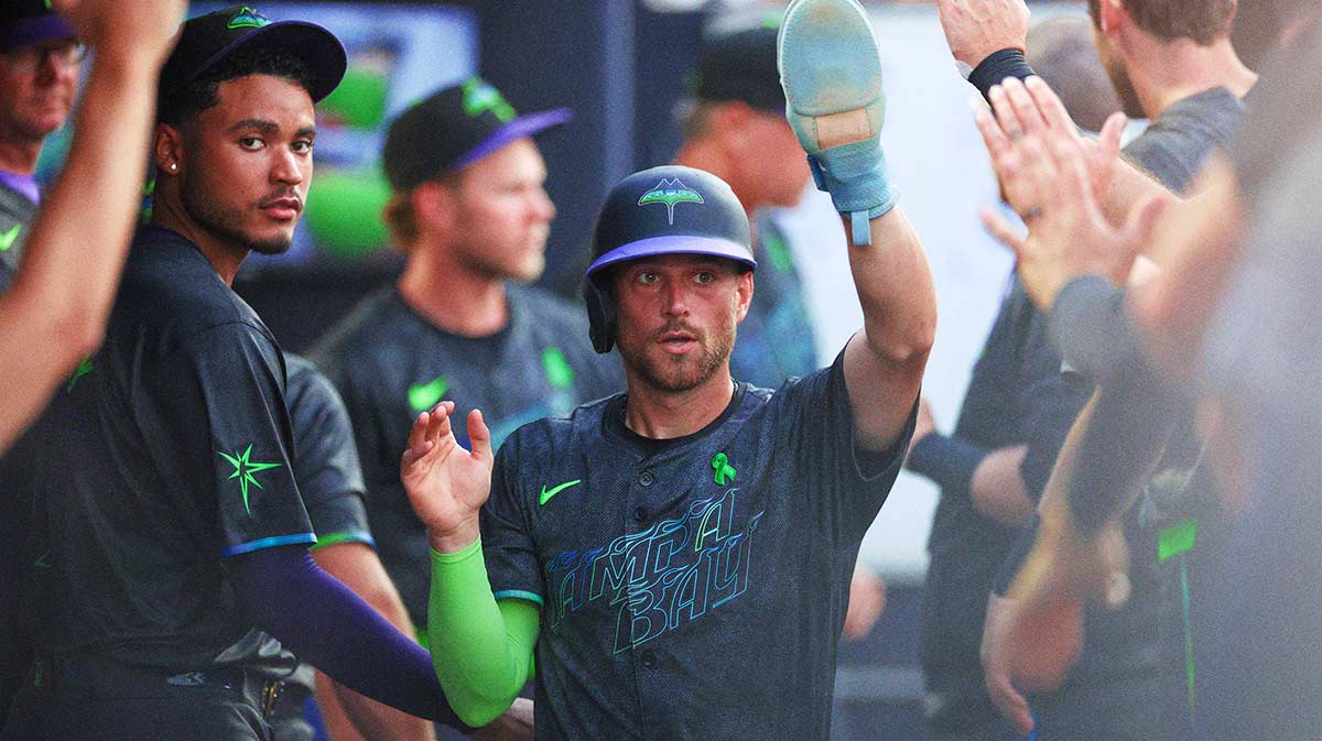 Tampa Bay Rays designated hitter Brandon Lowe (8) reacts after scoring a run against the Minnesota Twins in the fourth inning at George M. Steinbrenner Field.