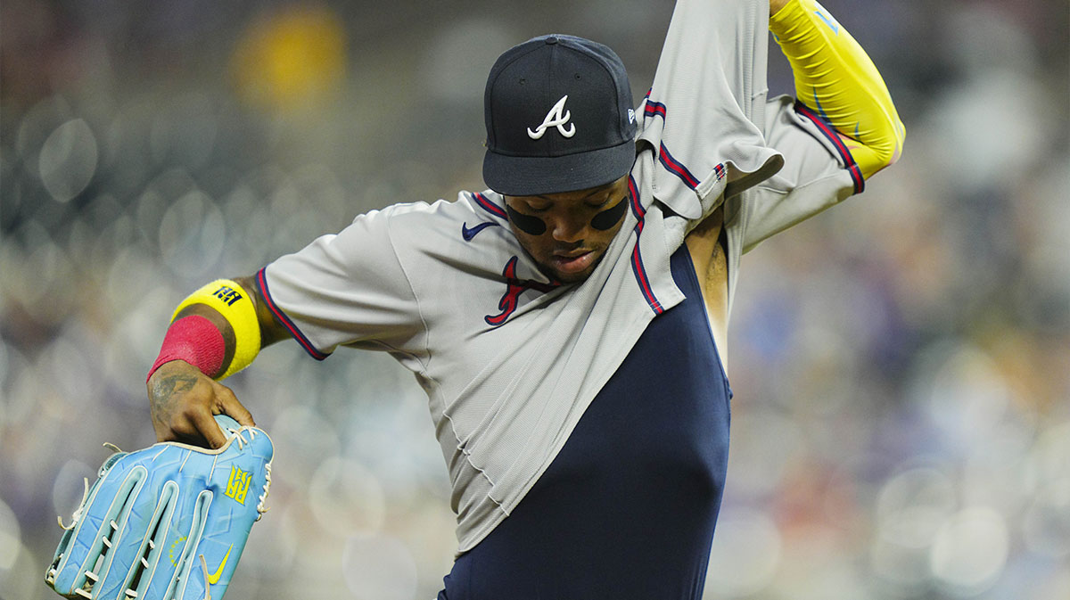 Atlanta Braves right fielder Ronald Acuna Jr. (13) leaves the game during the sixth inning against the Kansas City Royals at Kauffman Stadium.