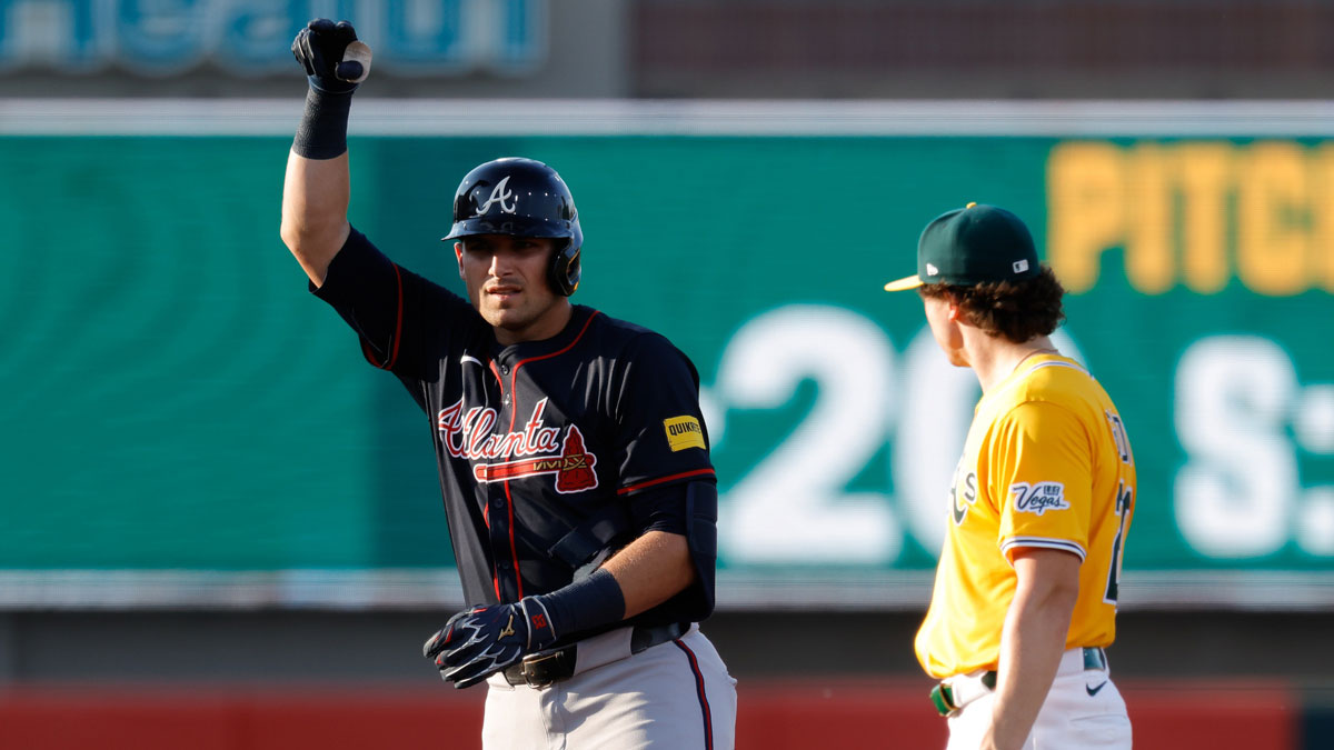 Atlanta Braves third baseman Austin Riley (27) celebrates after hitting a double during the fourth inning against the Athletics at Sutter Health Park.