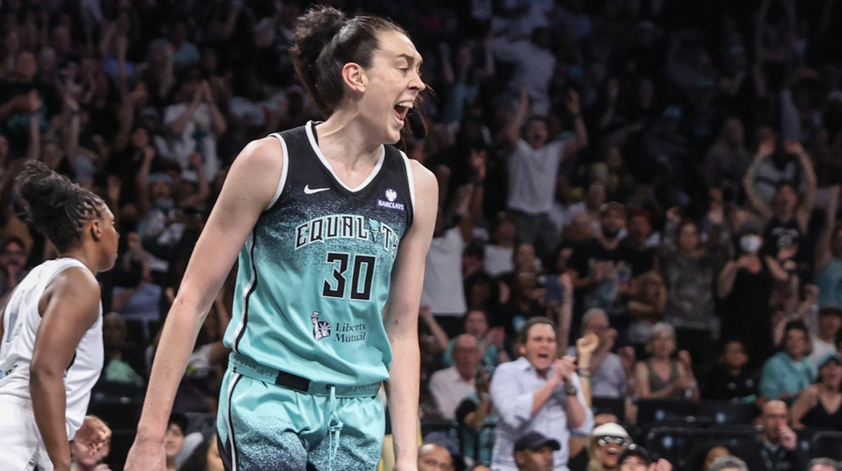 New York Liberty forward Breanna Stewart (30) celebrates in the third quarter against the Las Vegas Aces at Barclays Center.