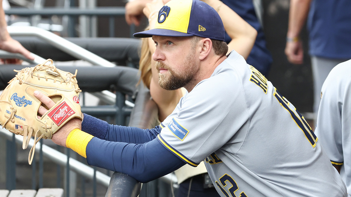 Milwaukee Brewers first baseman Rhys Hoskins (12) watches from the dugout prior to game against the New York Mets at Citi Field.