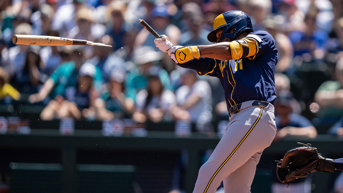 Milwaukee Brewers right fielder Jackson Chourio (11) breaks his bat during the third inning against the Seattle Mariners at T-Mobile Park.