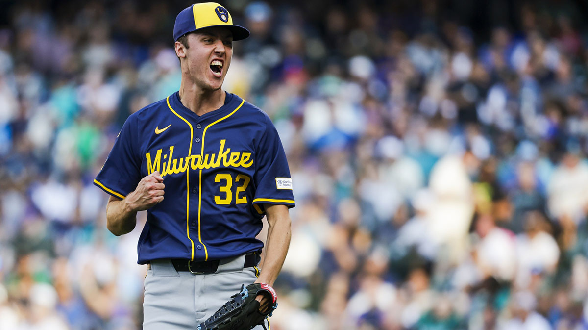 Milwaukee Brewers starting pitcher Jacob Misiorowski (32) reacts following a strikeout to end the second inning against the Seattle Mariners at T-Mobile Park.