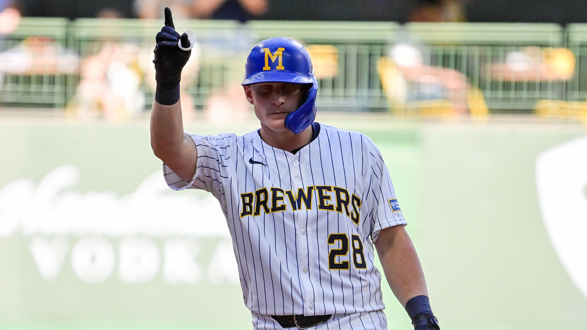 Milwaukee Brewers first baseman Andrew Vaughn (28) reacts after hitting a double to drive in a run in the eighth inning against the Miami Marlins at American Family Field.