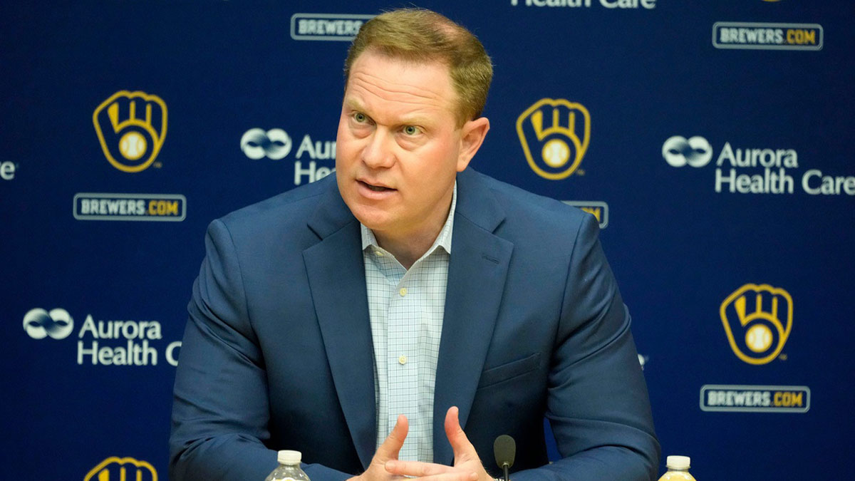 Senior Vice President and General Manager Matt Arnold speaks during an an end of season press conference at American Family Field in Milwaukee, October 10, 2023.