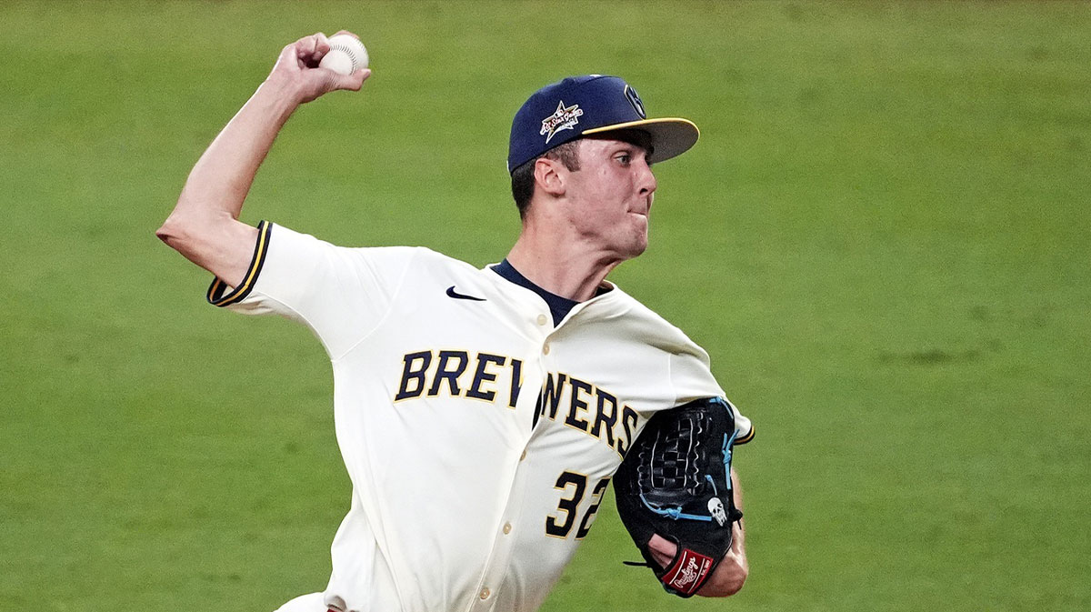 National League pitcher Jacob Misiorowski of the Milwaukee Brewers pitches during the eighth inning during the 2025 MLB All Star Game at Truist Park. Misiorowski met Clayton Kershaw for the first time at the MLB All-Star Game.