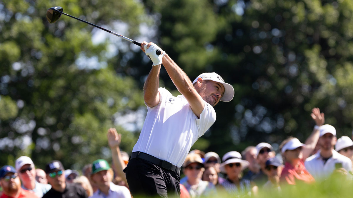 Brian Harman plays his shot from the first tee during the second round of the Travelers Championship golf tournament.