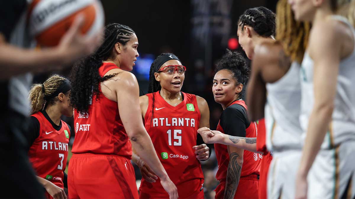 Atlanta Dream guard Allisha Gray (15) drives the ball towards the basket against New York Liberty guard Sabrina Ionescu (20) during the first quarter at Gateway Center Arena at College Park.