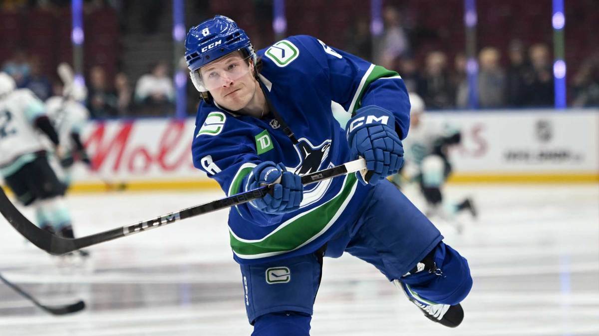 Vancouver Canucks forward Brock Boeser (6) during pre game warm up against the Seattle Kraken at Rogers Arena.