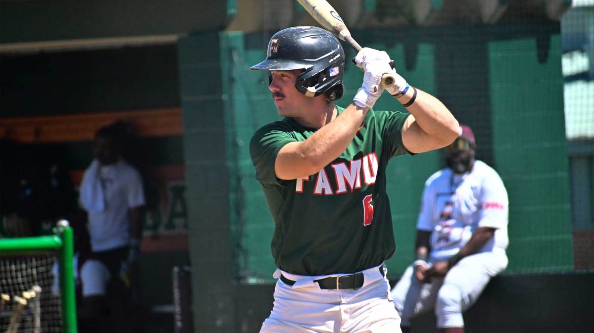 Florida A&M Rattlers catcher Broedy Poppell prepares to bat during an NCAA Southwestern Athletic Conference