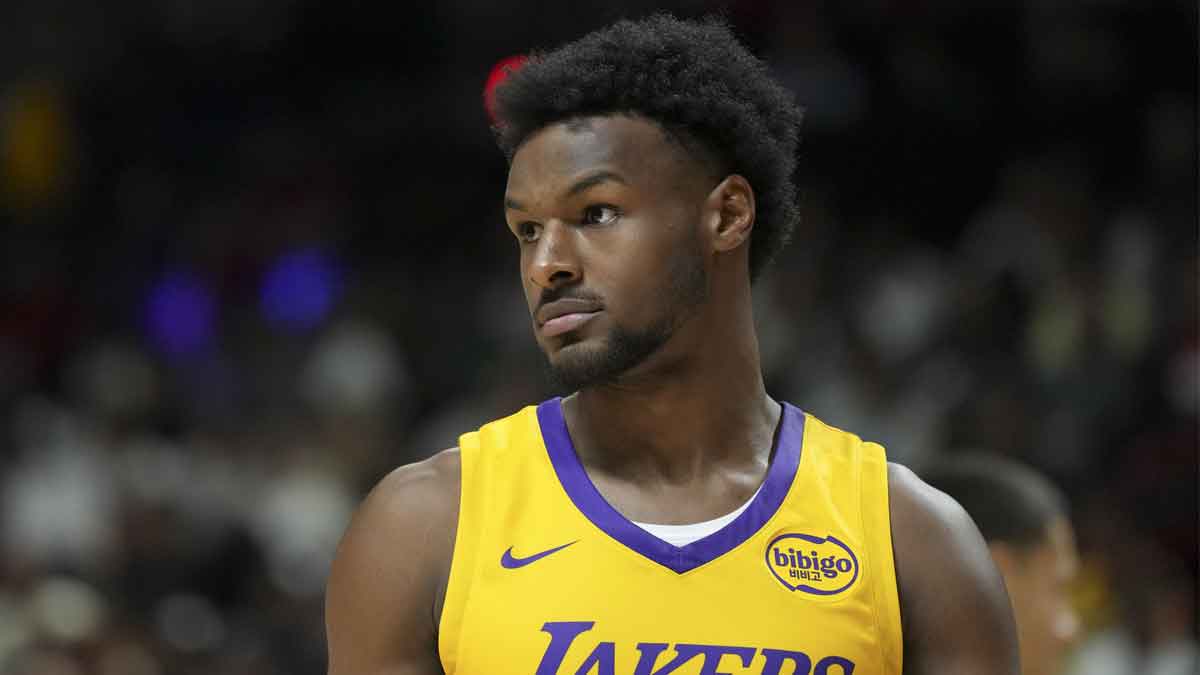 Los Angeles Lakers guard Bronny James (9) looks on in the fourth quarter against the Dallas Mavericks at Thomas & Mack Center.