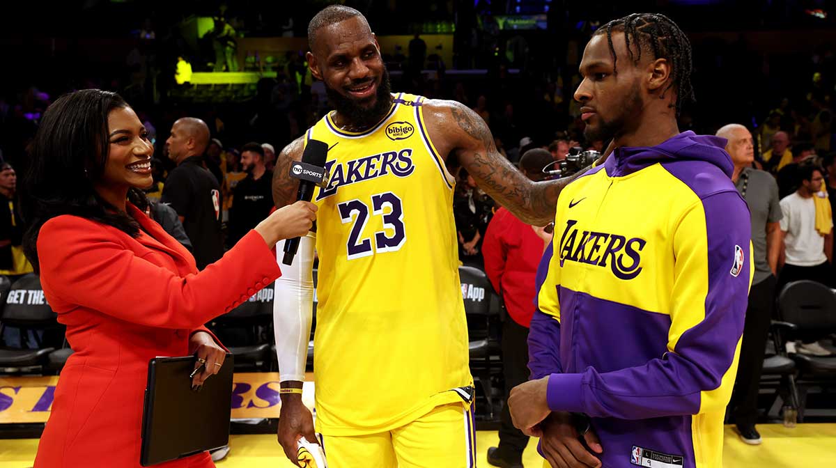 NBA on TNT sideline reporter Taylor Rooks interviews Los Angeles Lakers forward LeBron James (23) and guard Bronny James (9) after they defeated the Minnesota Timberwolves at Crypto.com Arena.