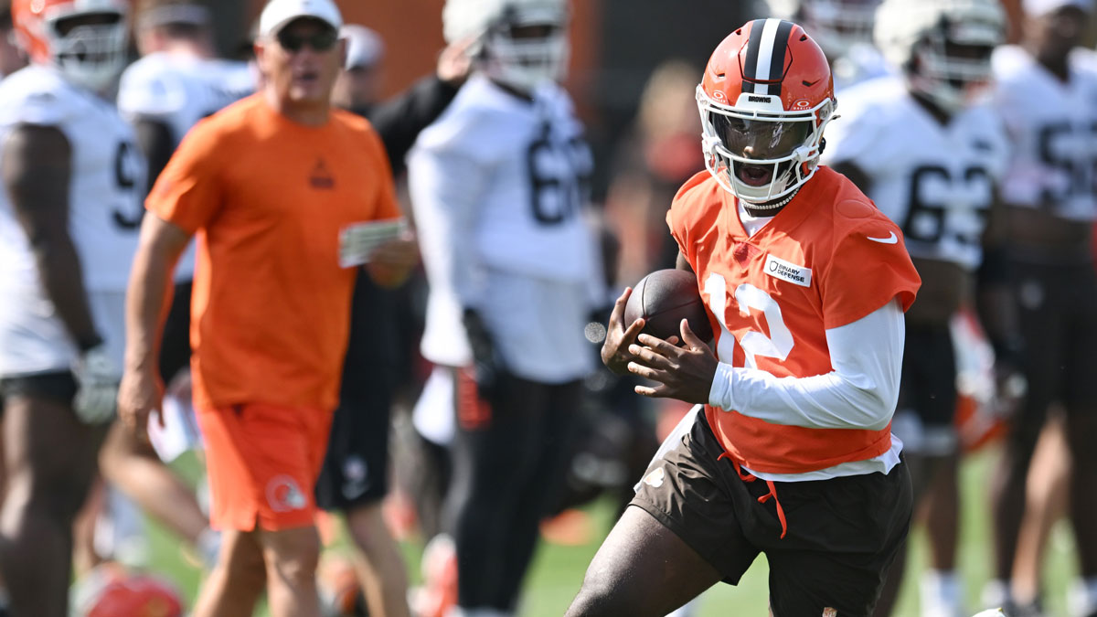 Cleveland Browns quarterback Shedeur Sanders (12) scrambles during training camp at CrossCountry Mortgage Campus.