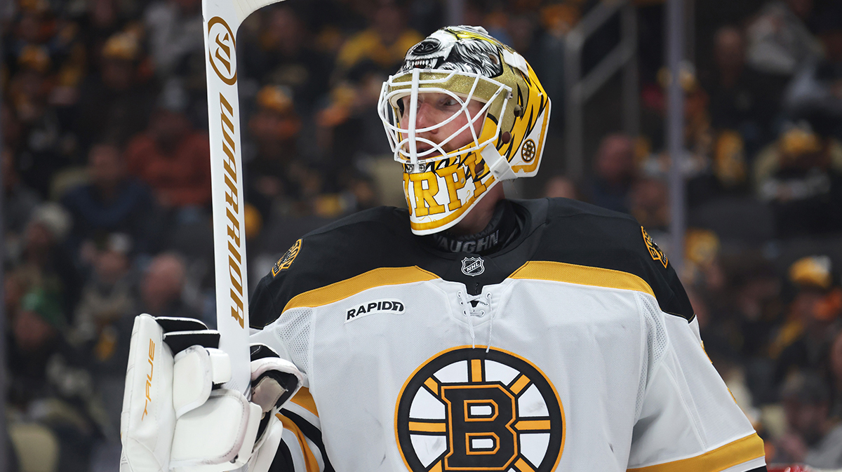 Boston Bruins goaltender Joonas Korpisalo (70) looks on against the Pittsburgh Penguins during the third period at PPG Paints Arena. Bruins goaltender Joonas Korpisalo was rumored to be traded in NHL Free agency.