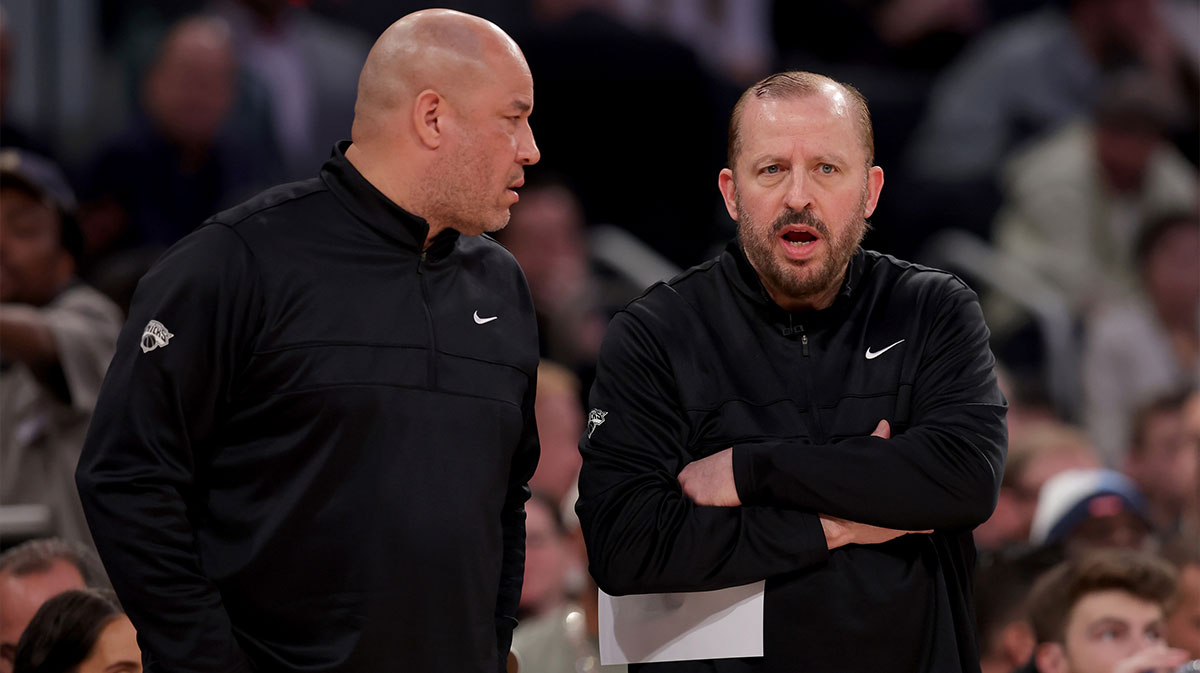 New York Knicks assistant coach Rick Brunson (left) talks to head coach Tom Thibodeau during the second quarter against the Los Angeles Lakers at Madison Square Garden.