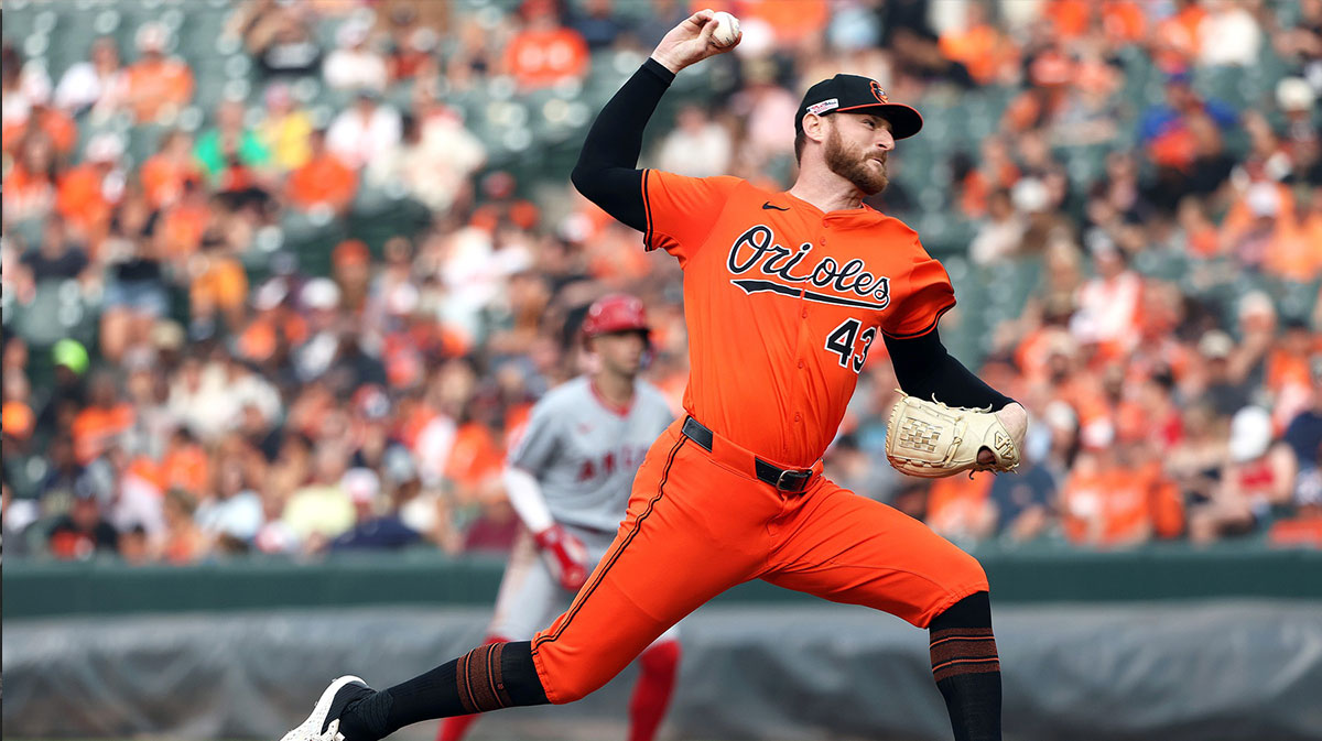 Baltimore Orioles pitcher Bryan Baker (43) throws during the eighth inning against the Los Angeles Angels at Oriole Park at Camden Yards.