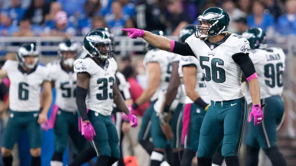 Philadelphia Eagles defensive end Bryan Braman (56) points and yells during the third quarter against the Detroit Lions at Ford Field. Lions won 24-23.