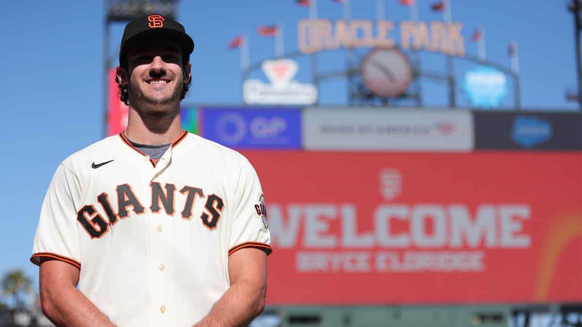 Jul 26, 2023; San Francisco, California, USA; San Francisco Giants 2023 first round draft pick Bryce Eldridge poses for a photo before the game against the Oakland Athletics at Oracle Park. Mandatory Credit: Sergio Estrada-Imagn Images
