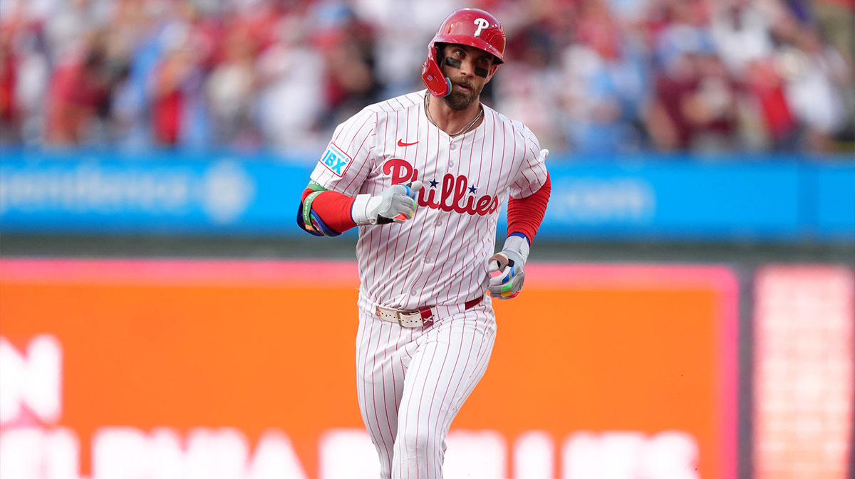 Philadelphia Phillies infielder Bryce Harper (3) rounds the bases after hitting a home run against the Boston Red Sox in the first inning at Citizens Bank Park.