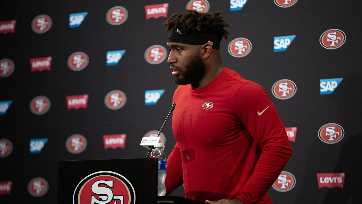San Francisco 49ers defensive end Bryce Huff (47) speaks to the media following a team OTA at Levi's Stadium.