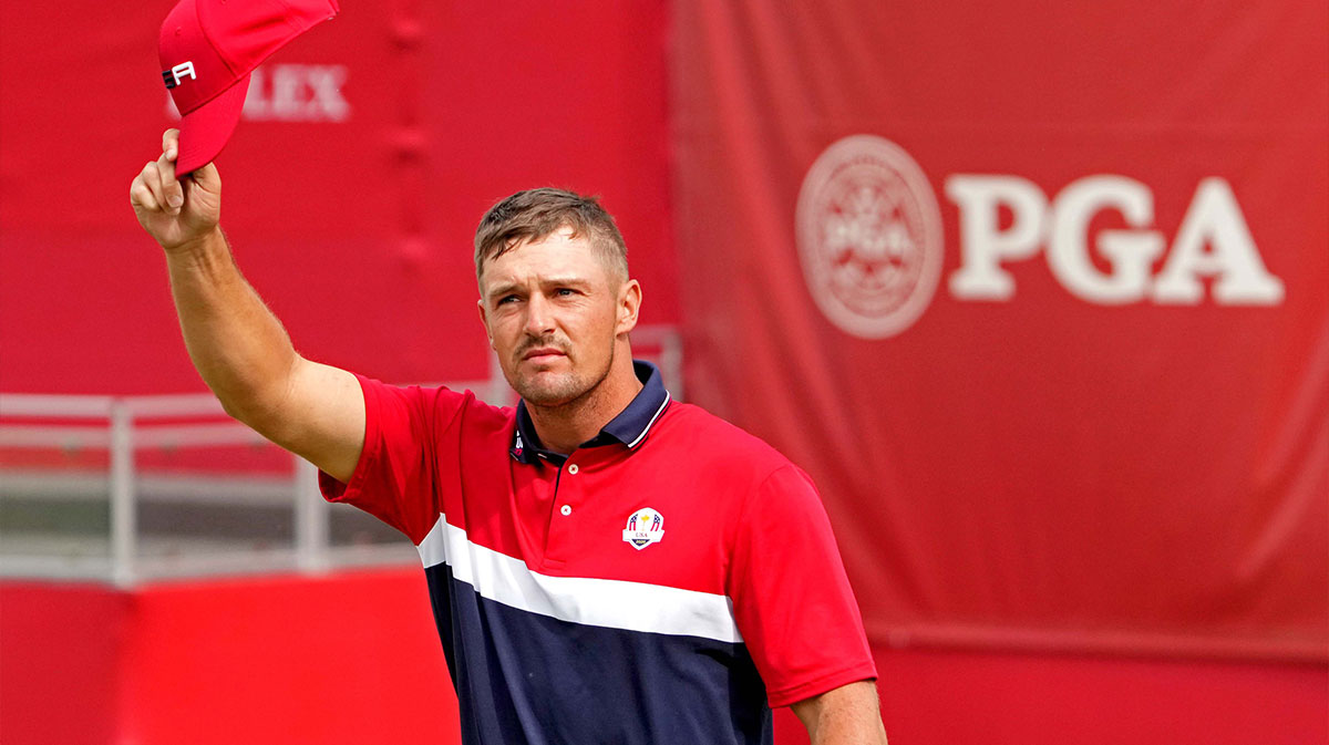 Team USA player Bryson DeChambeau reacts to his putt on the ninth green during day two four-ball rounds for the 43rd Ryder Cup golf competition at Whistling Straits.