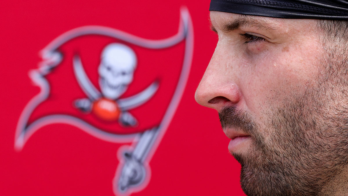 Tampa Bay Buccaneers quarterback Baker Mayfield (6) gives a press conference after mini camp at AdventHealth Training Center.