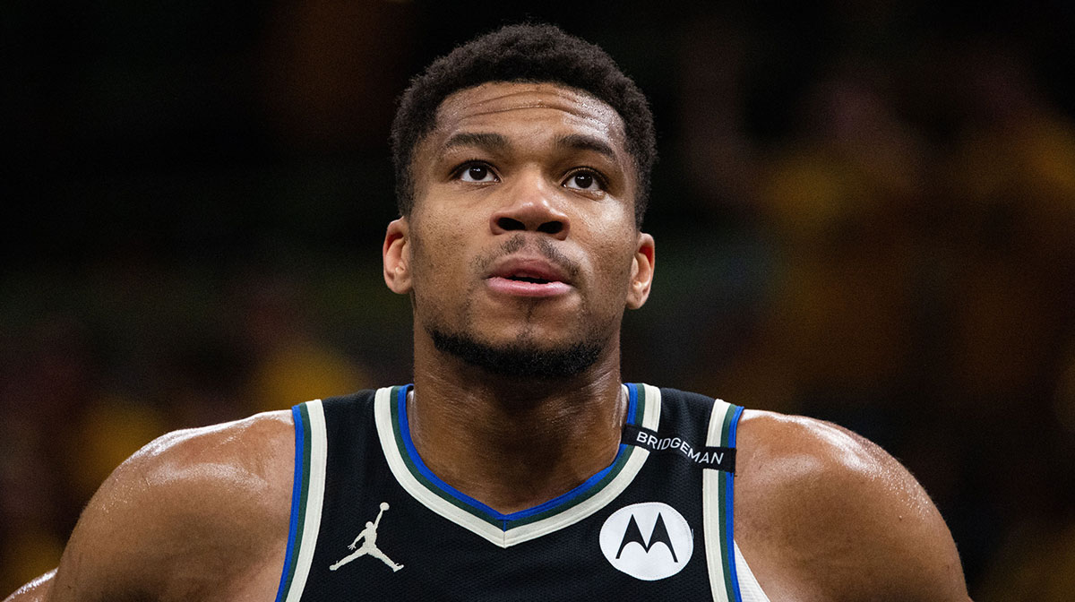 Bucks forward Giannis Antetokounmpo (34) during game five of the first round for the 2024 NBA Playoffs against the Indiana Pacers at Gainbridge Fieldhouse with Bucks GM Jon Horst in the background