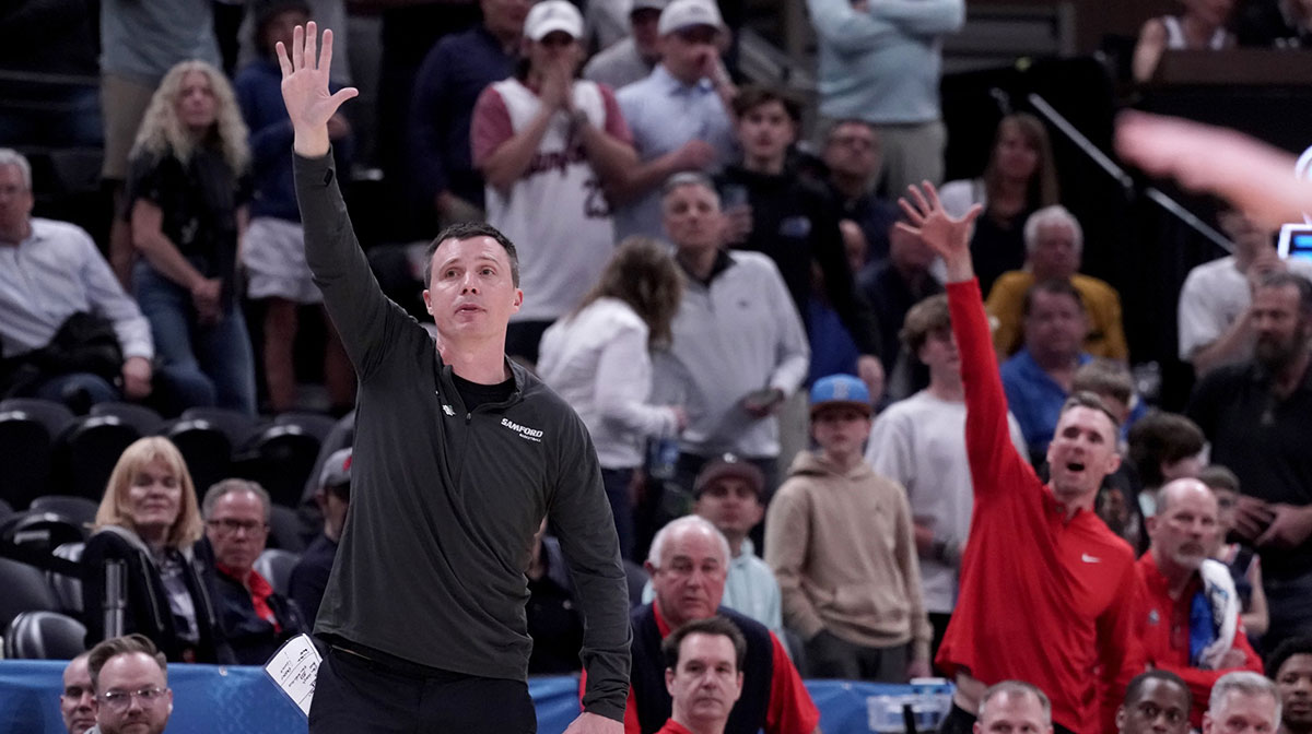 Samford Bulldogs head coach Bucky McMillan during the second half in the first round of the 2024 NCAA Tournament against the Kansas Jayhawks at Vivint Smart Home Arena-Delta Center.