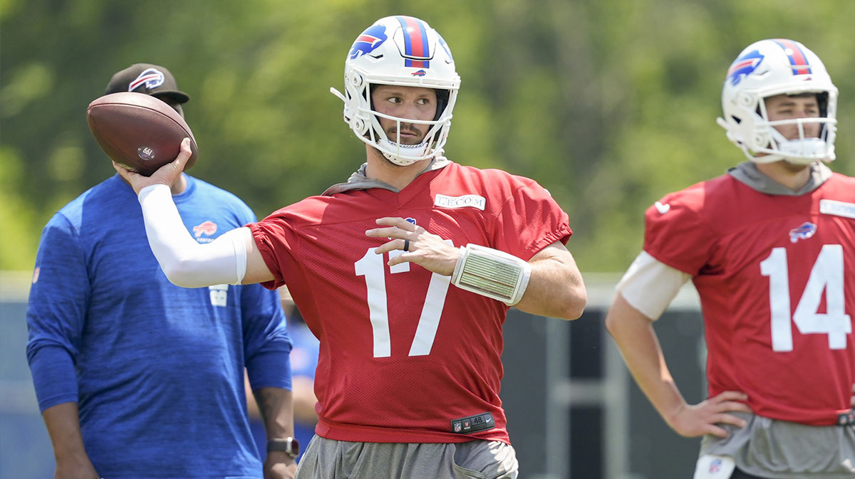Buffalo Bills quarterback Josh Allen (17) throws the ball during Minicamp at Highmark Stadium.