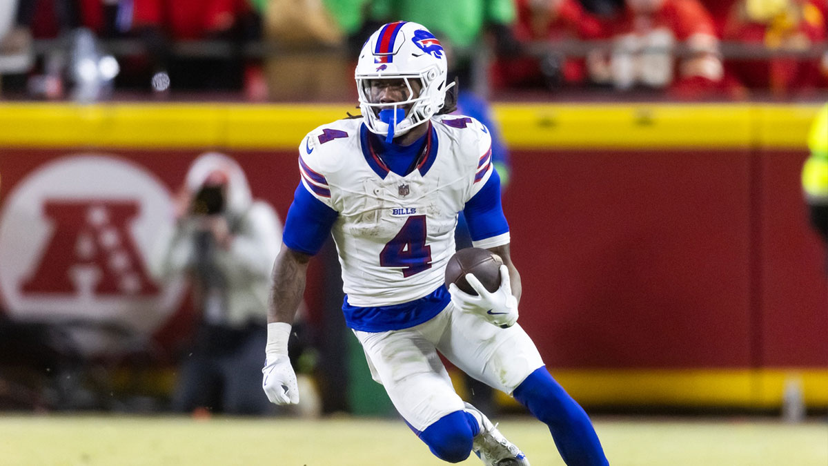 Buffalo Bills running back James Cook (4) against the Kansas City Chiefs during the AFC Championship game at GEHA Field at Arrowhead Stadium. Mandatory Credit: Mark J. Rebilas-Imagn Images