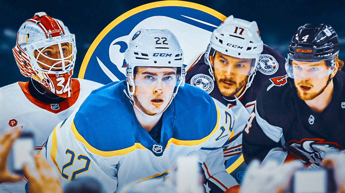 Alex Lyon, Jack Quinn, Justin Danforth, and Bowen Byram with the Sabres logo behind them, Sabres free agency grade
