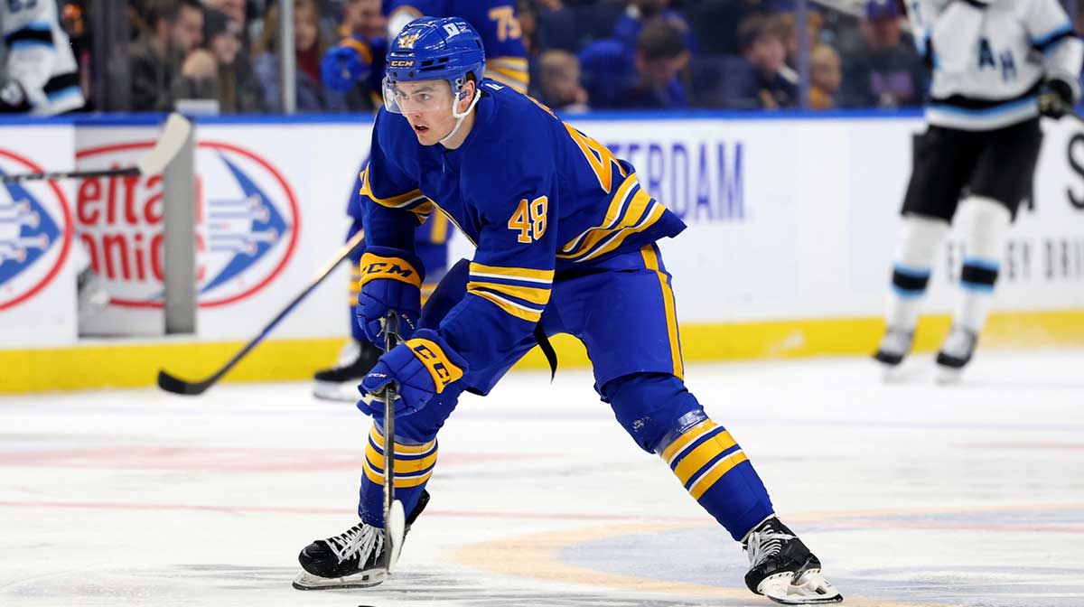 Buffalo Sabres center Tyson Kozak (48) carries the puck up ice during the second period against the Utah Hockey Club at KeyBank Center.