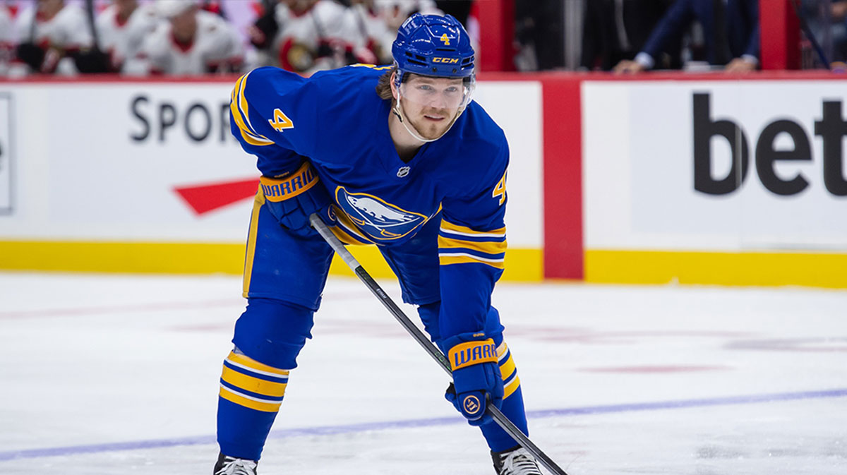 Buffalo Sabres defenseman Bowen Byram (4) gets in position for a faceoff in the second period against the Ottawa Senators at the Canadian Tire Centre.