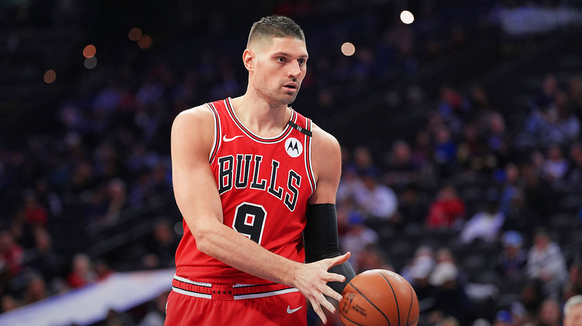 Chicago Bulls center Nikola Vucevic (9) receives a pass against the Philadelphia 76ers in the first quarter at Wells Fargo Center. Mandatory Credit:
