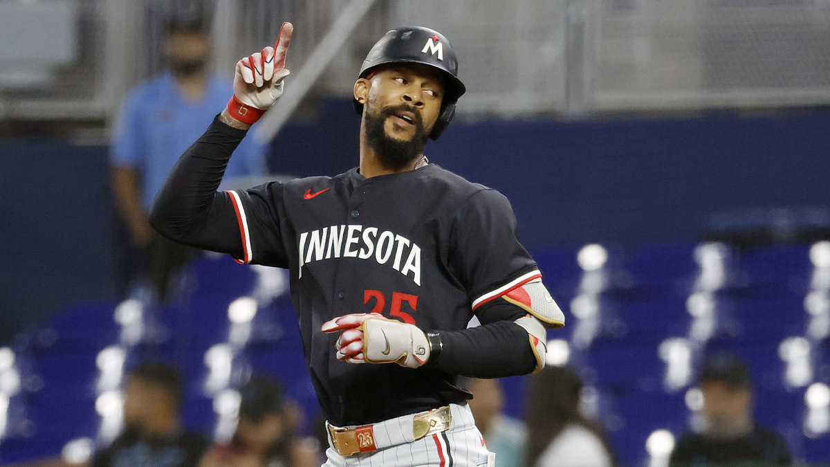 Minnesota Twins center fielder Byron Buxton (25) reacts following his single against the Miami Marlins during the first inning at loanDepot Park.