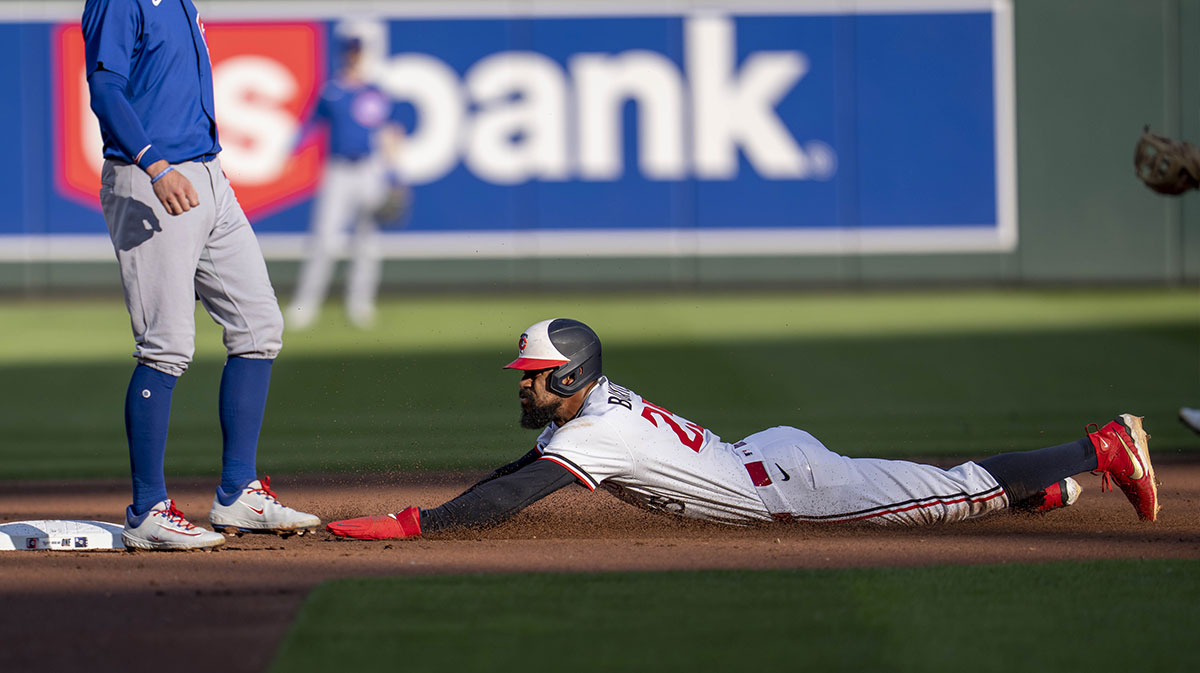 Minnesota Twins center fielder Byron Buxton (25) slides into second base successfully after stealing second base against the Chicago Cubs in the first inning at Target Field.