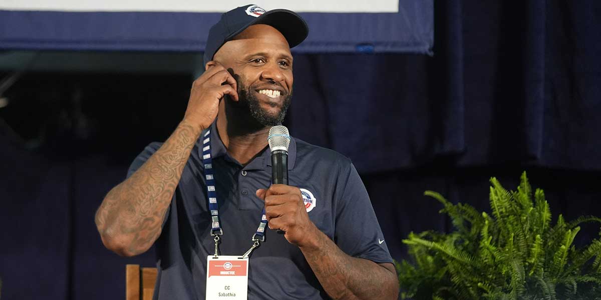 Hall of Fame Inductee CC Sabathia answers questions during the media press conference at the Clarke Sports Center